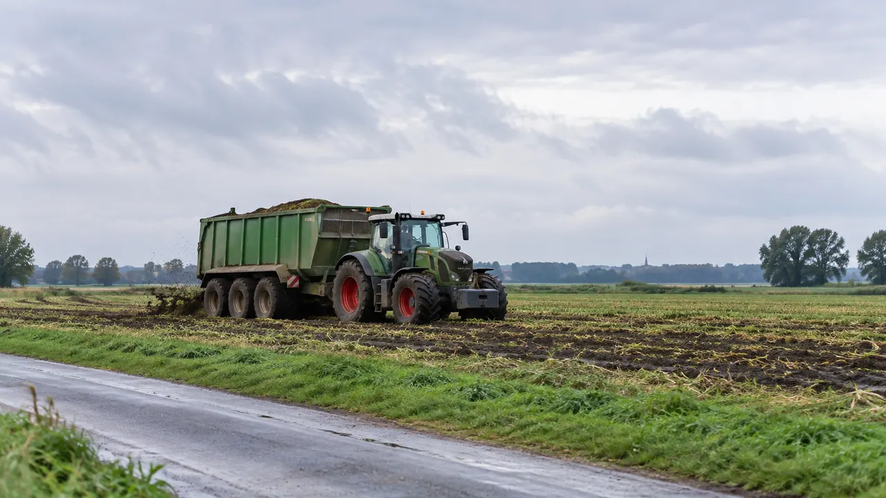 Schlepper mit landwirtschaftlichem Anhänger auf einem Feld an einer Landstraße