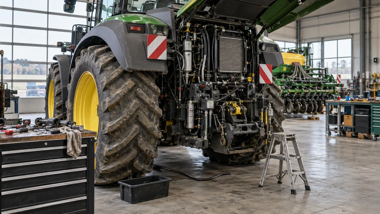 Schlepper mit geöffneter Serviceklappe in einer Landtechnik-Werkstatt
