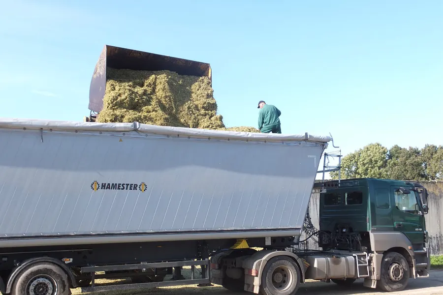 Radlader mit Hochkippschaufel belädt einen LKW
